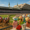 A visual of the Kentucky Derby horse race as spectators in beautiful and colorful hats watch at historical Churchill Downs.