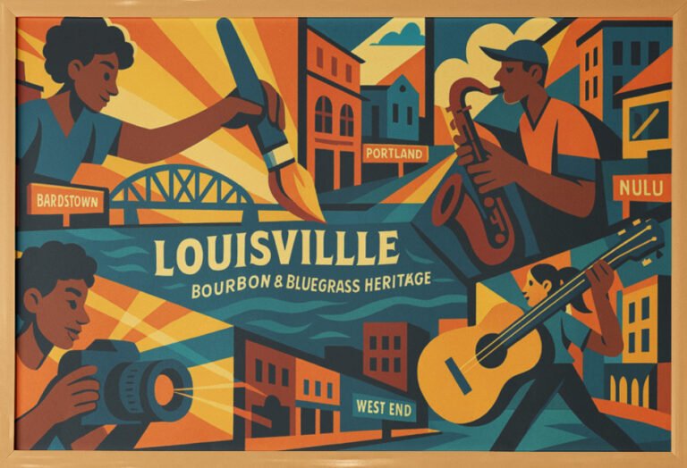 A vibrant visual of an artistic take on Louisville, it's community and diversity.